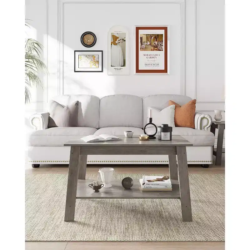 Farmhouse Wood Coffee Table with 2 Storage Shelves – Modern Small Space Design