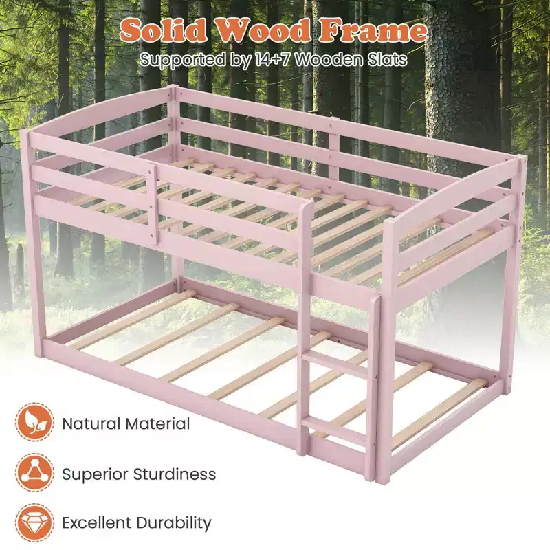 Costway Twin over Twin Low Bunk Bed with Guardrails Integrated Ladder Kids Wooden Grey/White/Beige/Pink