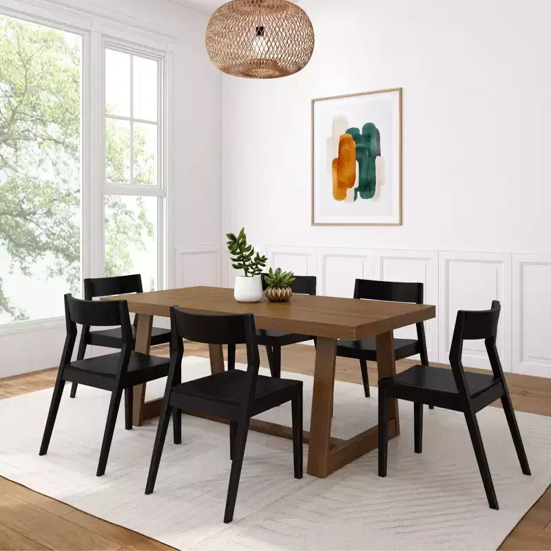 Plank+Beam 72 Classic Solid Wood Dining Table Set, Walnut Wirebrush, + 6 Chairs