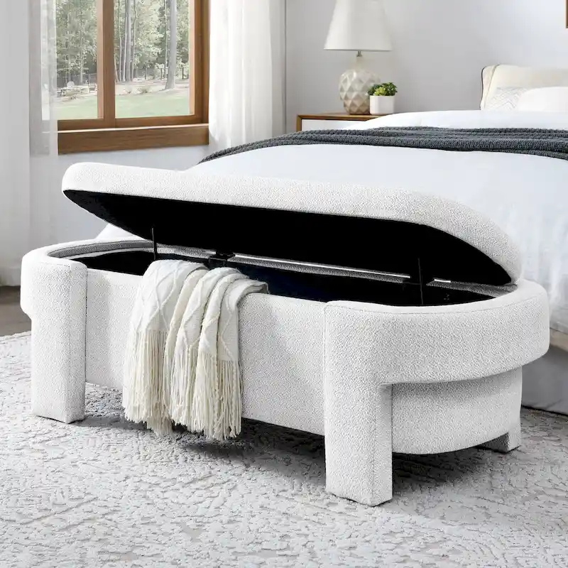 Linen Fabric Upholstered Bench with Large Storage Space for the Living Room, Entryway and Bedroom,White