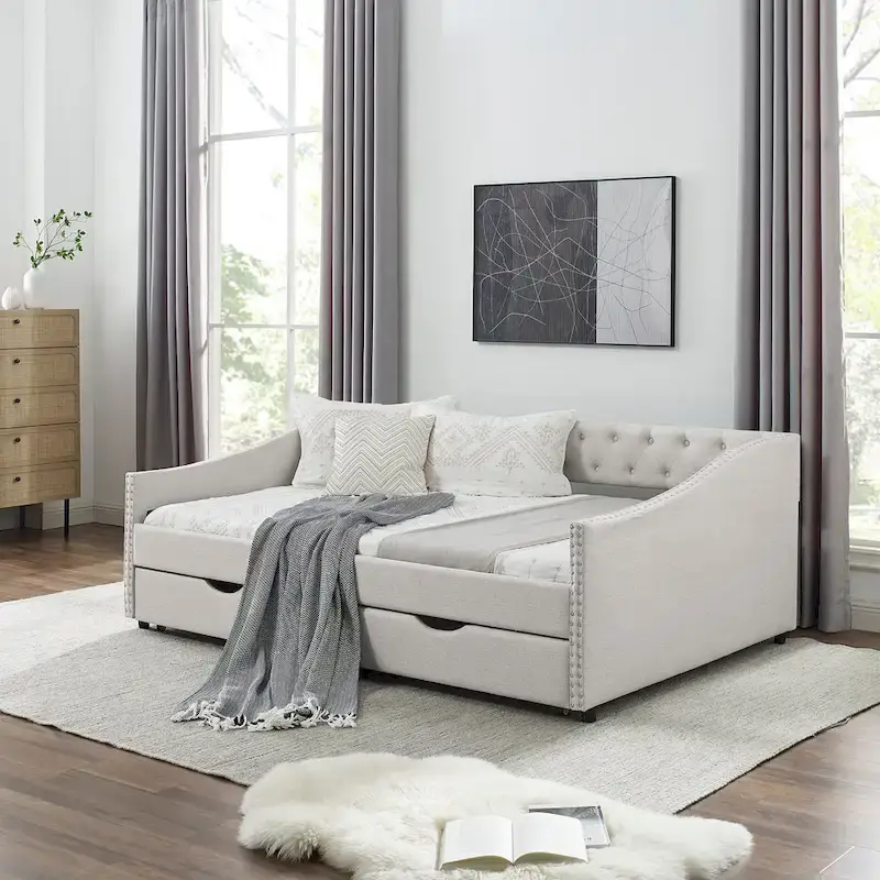 Full Size Linen Upholstered Daybed Frame with 2 Drawers & Tufted Backrest