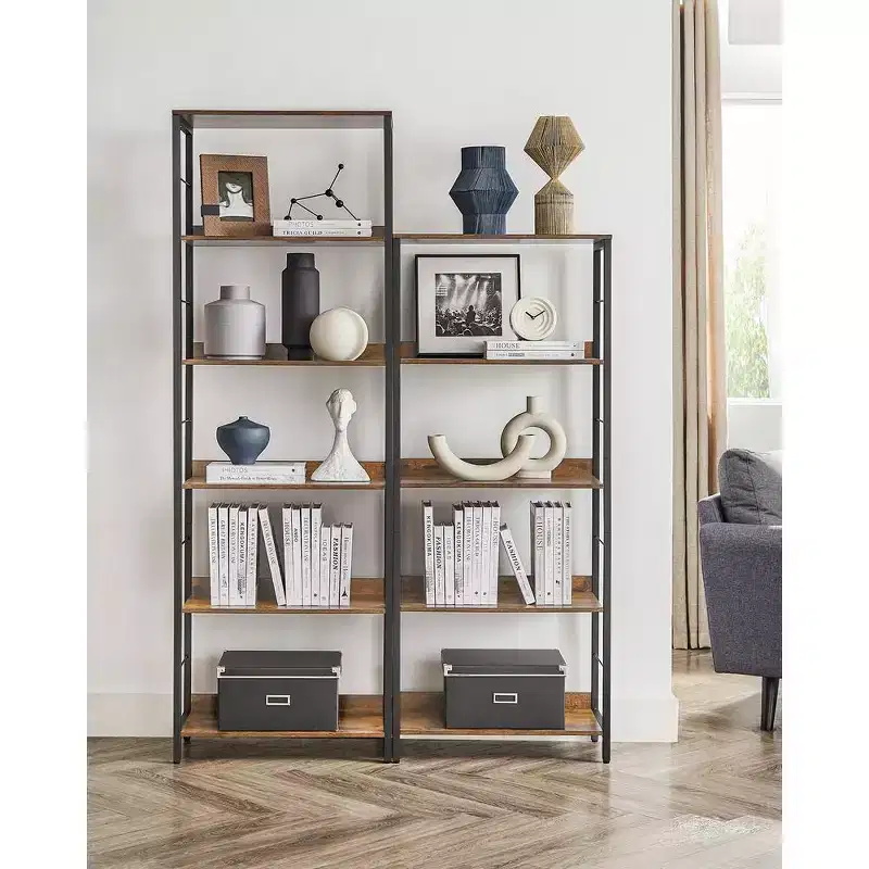 6-Tier Industrial Bookshelf with Back Panels, Rustic Brown and Black, 11.8