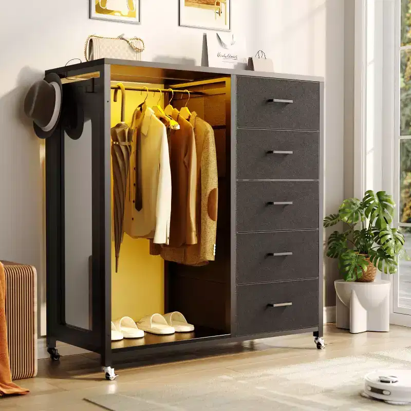 45-In Rolling Dresser with Mirror, Closet Organizer with 5 Fabric Drawers and Charging Station