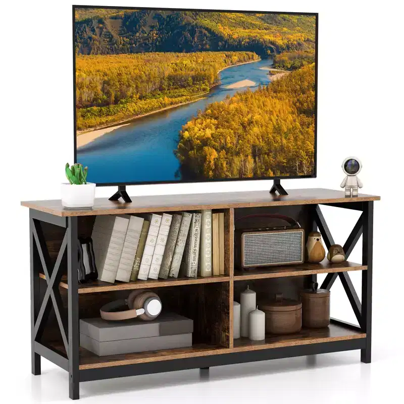 Costway TV Stand Entertainment Media Center for TV's up to 55'' w/ Storage Shelves Brown/Gray/White