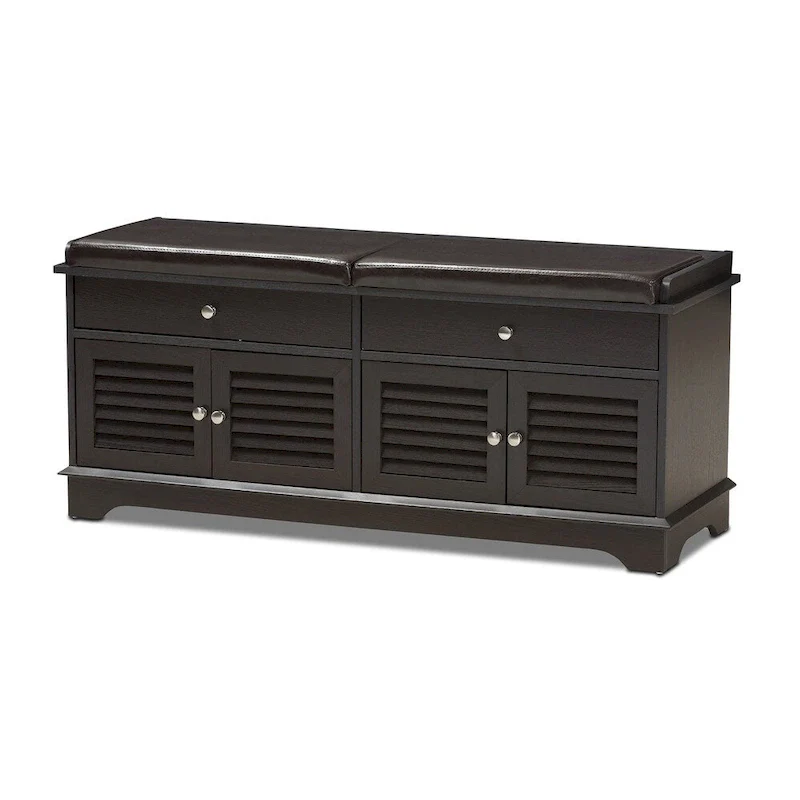 Dark Brown 2-Drawer Shoe Storage Bench with Cushioned Seat