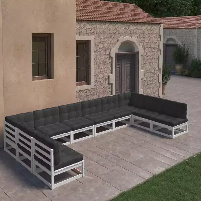 vidaXL Retro Style 10 Piece Outdoor Lounge Set in White Solid Pinewood - Featuring Comfortable Cushions for Patio/Veranda