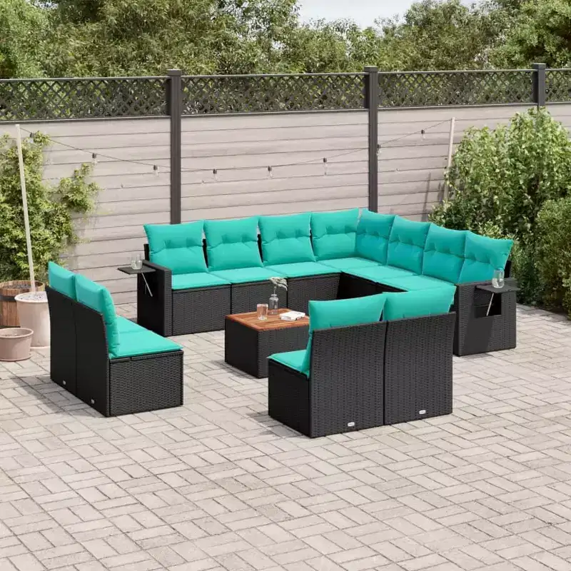 vidaXL 12 Piece Garden Sofa Set with Cushions Black Poly Rattan
