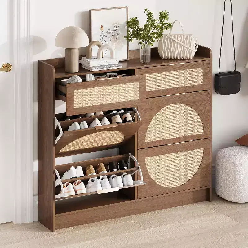 Rattan Shoe Cabinet with 4 Flip Drawers & 2 Small Drawers, Narrow Shoe Rack Organizer with Adjustable Shelves and Sleek Metal Handles for Home