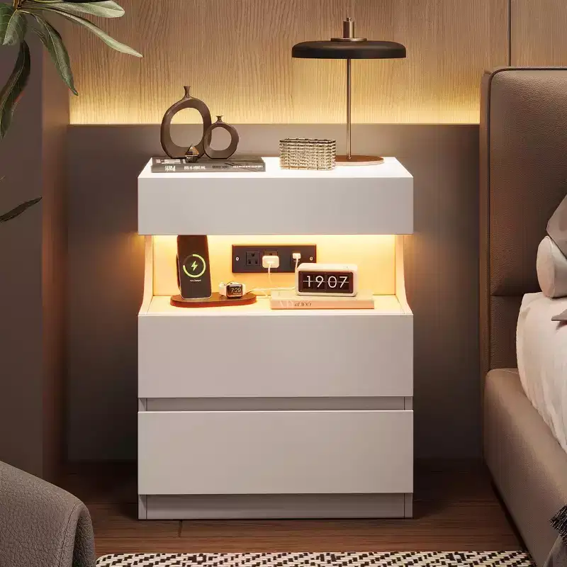 White Smart Nightstand C App-Controlled LED Lights & Charging Station with 3 Drawers for Bedroom