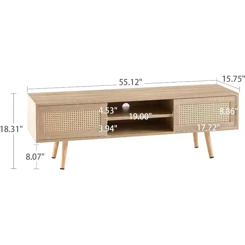 TV Cabinet, Double Sliding Door Storage with Adjustable Shelf, Solid Wood Legs, TV Console for Living Room