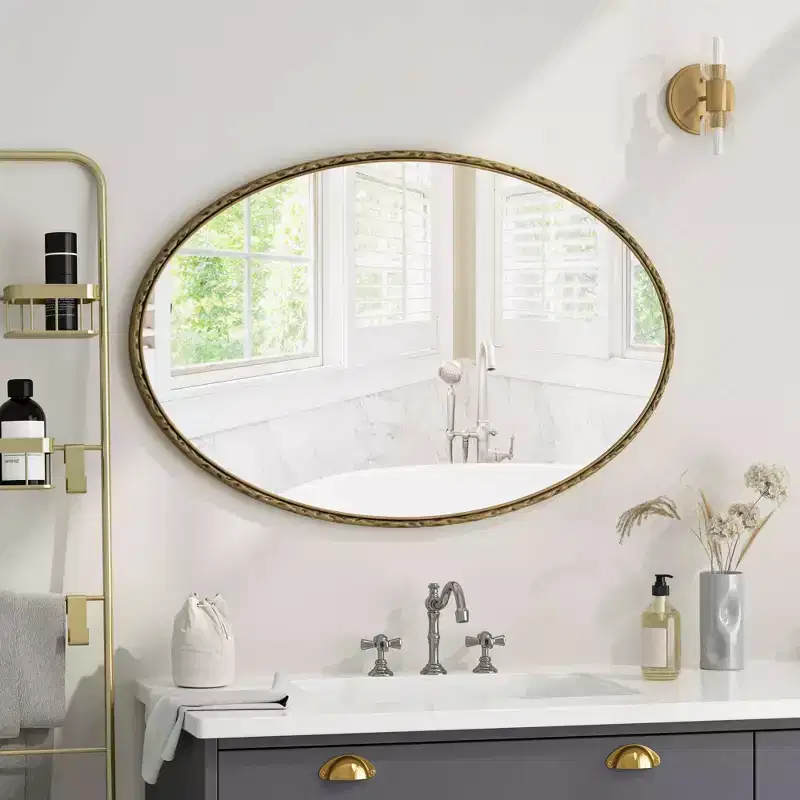 Oval Retro Wall Mirror – Antique Gold Iron Frame, 39