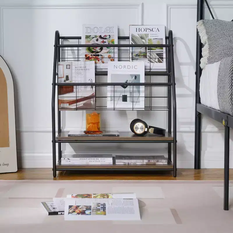 2-Tier Metal Frame Freestanding Bookshelf & Magazine Rack for Small Spaces