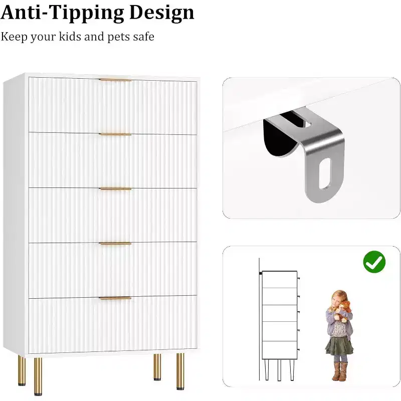5 Drawer Dresser, Tall Modern Chest with Fluted Panels & Wide Gold Handles, Bedroom Storage Organizer for Closet, Living Room, Entryway