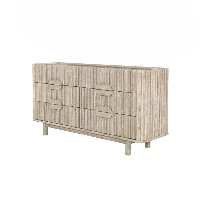6-Drawer Dresser – Beige, Solid Acacia Wood, Velvet-Lined Top Drawers, Metal Glides