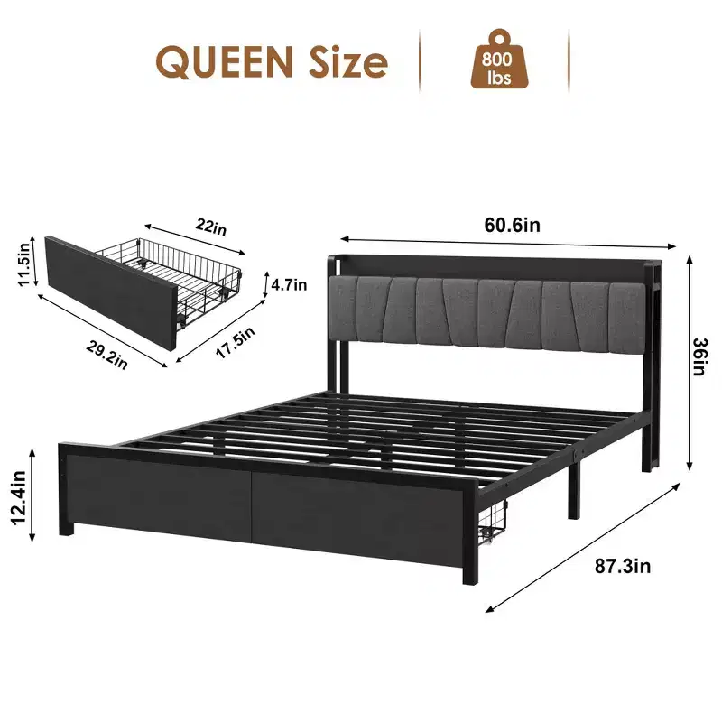 Queen Size Bed Frame with Storage Headboard, Industrial Queen Platform with 2 Drawers and Charging Station, Black No Box Spring Needed Bedframe