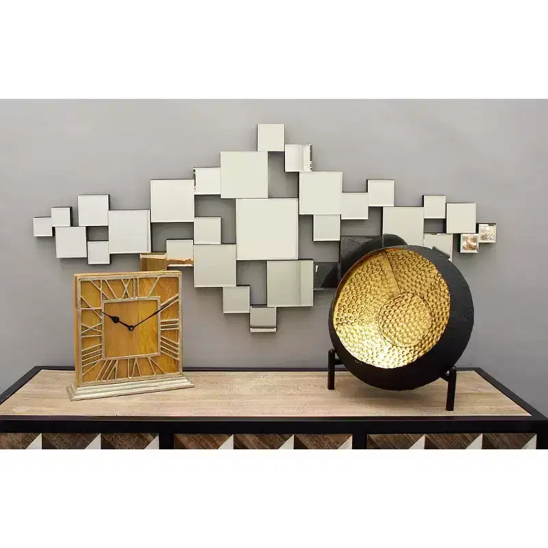 48x21 Inch Glass Geometric Room Wall Mirror with Square Mirror Panels in Silver