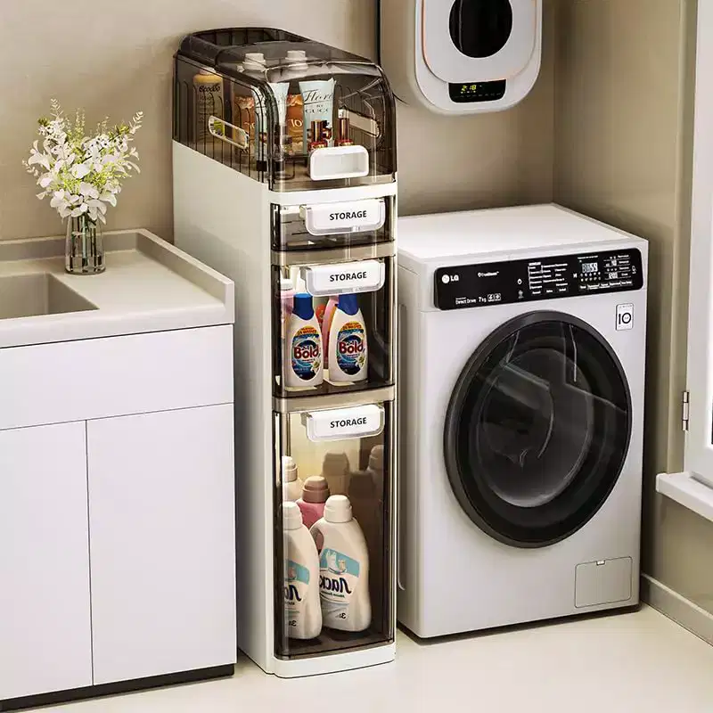 Slim Bathroom Storage Cabinet 4 Tier, Narrow Bathroom Cabinet with Drawers & Tissue Box, Plastic Waterproof Thin Storage Box for Narrow Spaces Kitchen