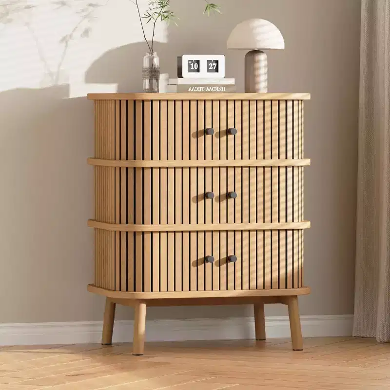 3 Drawer Dresser, Chest of Drawers for Bedroom, Mid Century Modern Nightstand, Spacious Storage Wicker Dresser with Matte Black Handles and Wood Legs