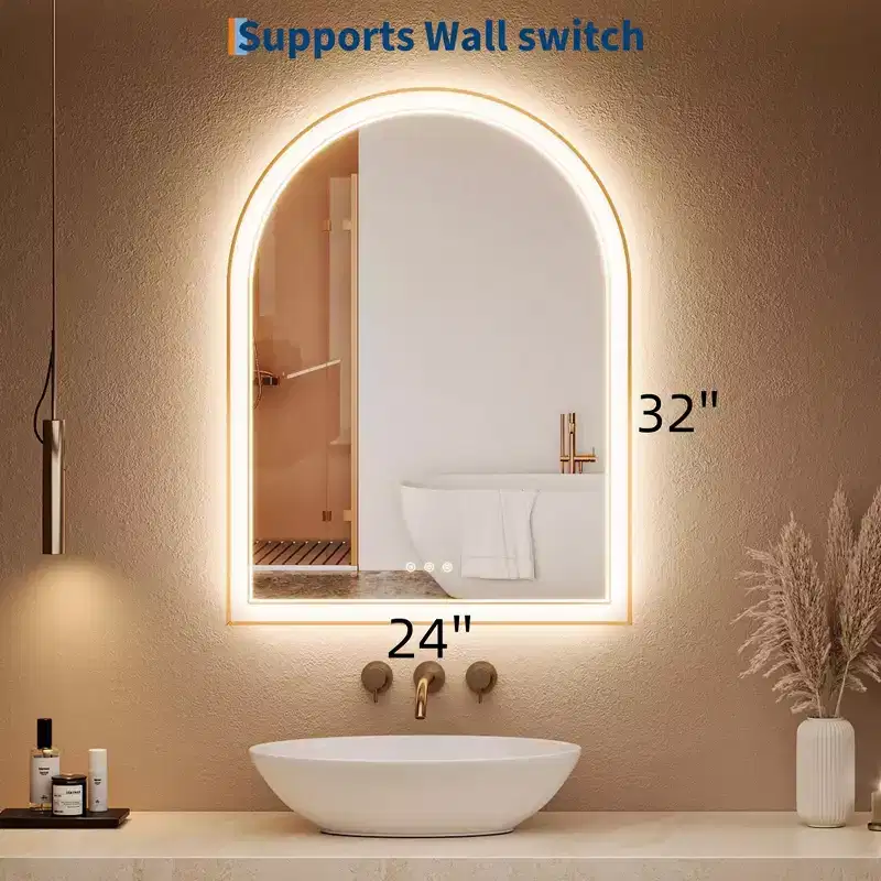 GustoWave Gold Arched Bathroom Mirror, Vanity Mirror with LED Lights, Anti-Fog Surface, 3 Color Temperatures