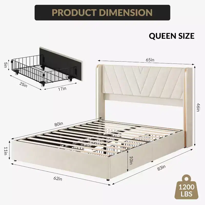 Queen Upholstered LED Bed Frame with Storage, Velvet Platform Bed with Wingback Headboard & 4 Drawers, No Box Spring Needed
