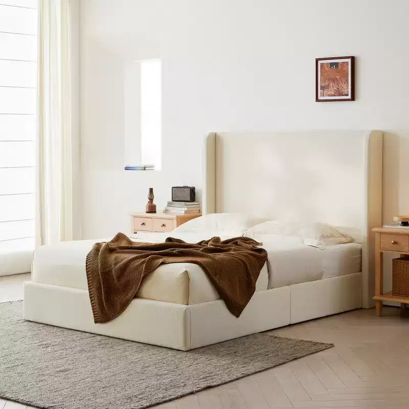 Modern Boucle Upholstered Floor Bed with Wingback