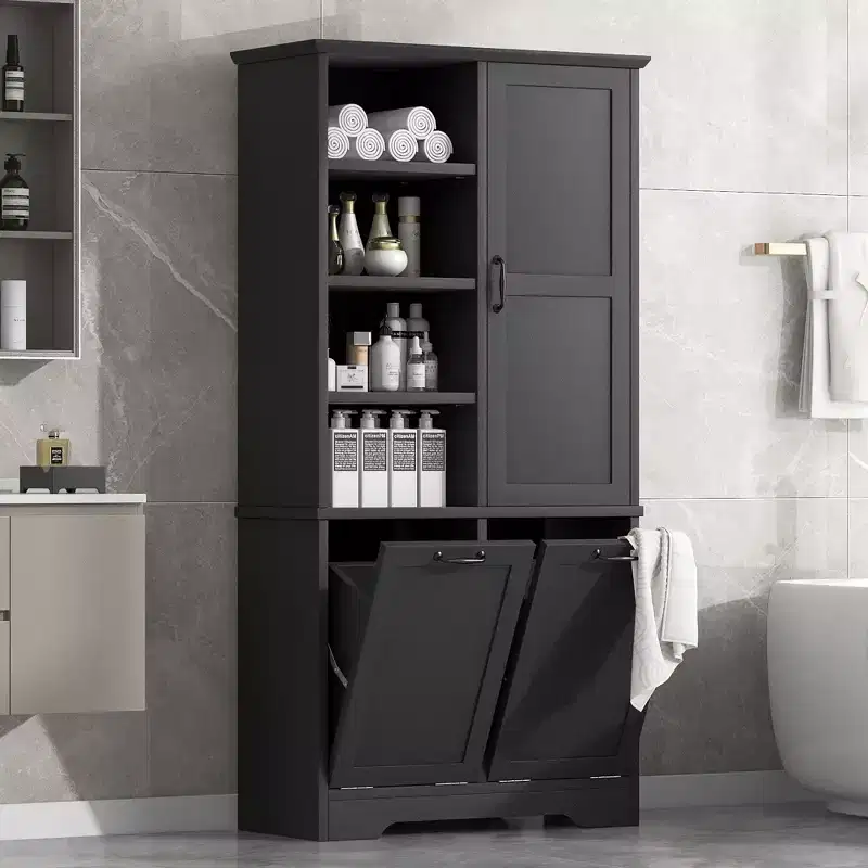 Whisen Bathroom Storage Cabinet with Drawers, Tilt-Out Laundry Hamper and Open Shelves