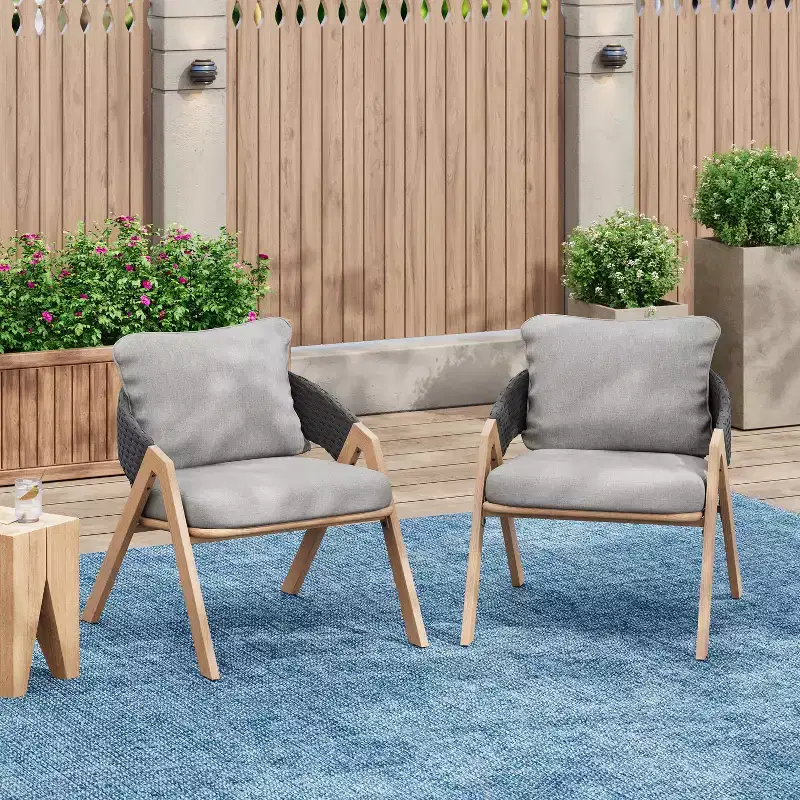 Christopher Knight Home Kaia Patio Modern Metal & Rattan Upholstered Accent Chairs with Faux Wood Finish (Set of 2)
