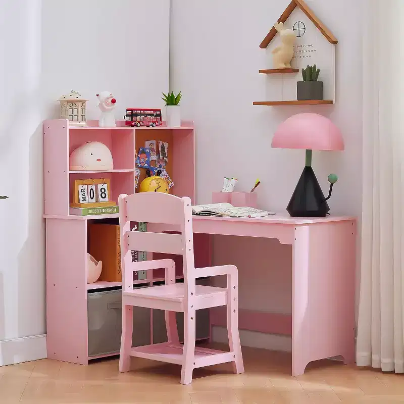 Kids Corner Desk, Desk and Chair Set for Children, L Shape Kids Study Table Features Bulletin Board Open Shelves Storage Cabinets and Cloth Drawers