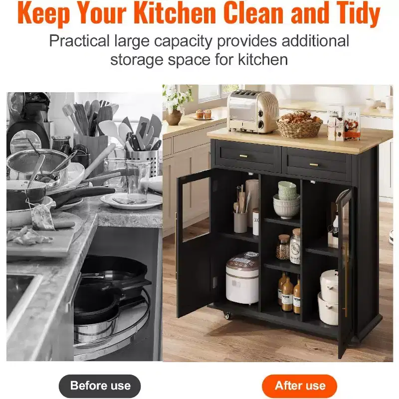 Kitchen Island, Mobile Modern Rolling Kitchen Island with Drop Leaf, Black Storage Cart with Cabinet & Drawer