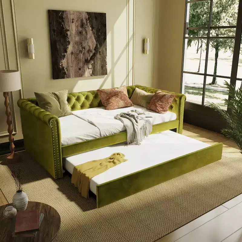 Upholstered Tufted Button Velvet Daybed with Trundle