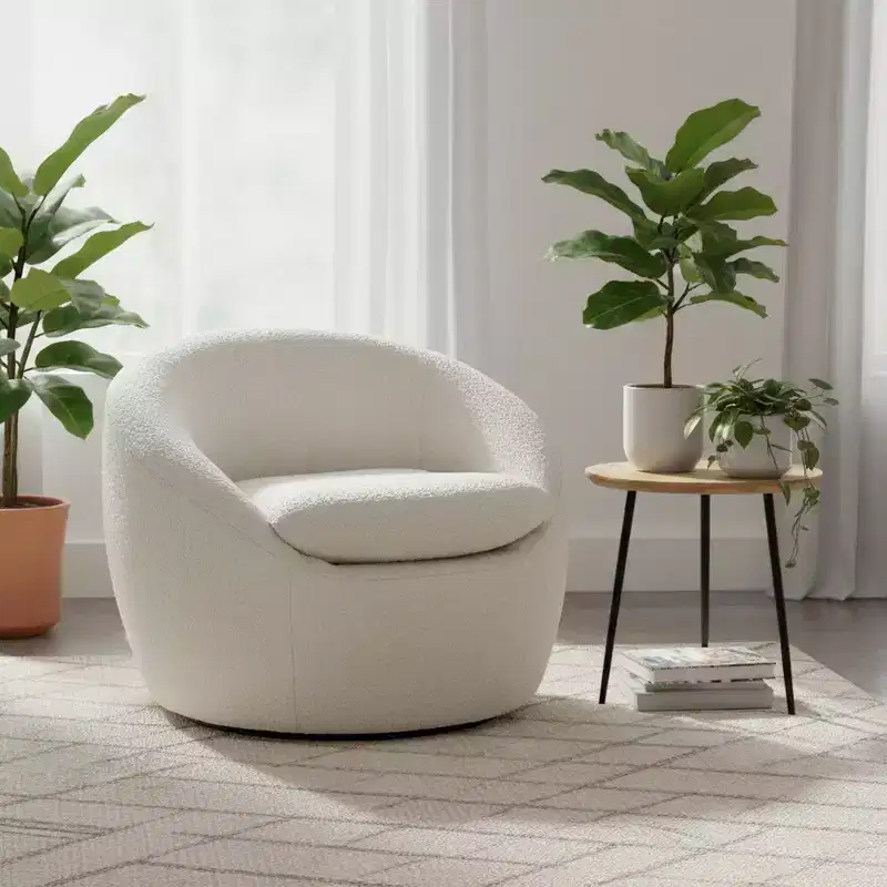 Modern Boucle Swivel Barrel Accent Chair with 360 Base and Cushioned Seat, for Living Room or Bedroom, White
