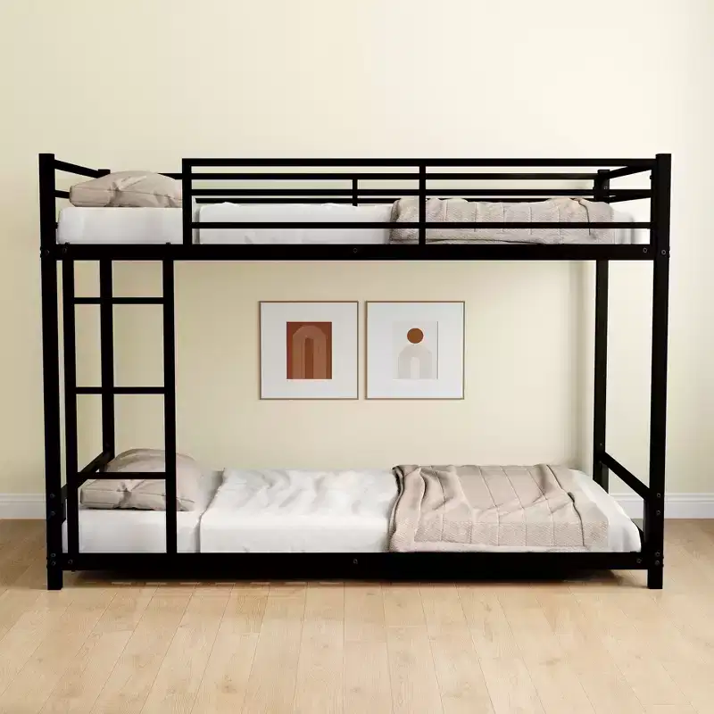 Okak Twin over Twin Metal Loft Bunk Bed Heavy Duty Bedframe with Ladder & Safety Guardrail for Adults Teens Noise Reduced Easy Assemble
