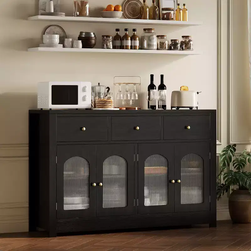 Large Buffet Sideboard Cabinet – 4 Doors, 3 Drawers & Adjustable Shelf, White/Black