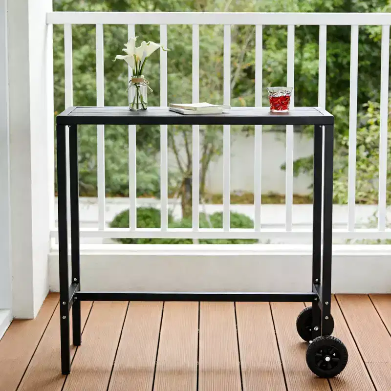 Mobile Outdoor Bar Table with Wheels  Waterproof Metal Top, Adjustable Leveling Feet, Sturdy Counter Height for Patio,Yard, Poolside  Black, 39Inch