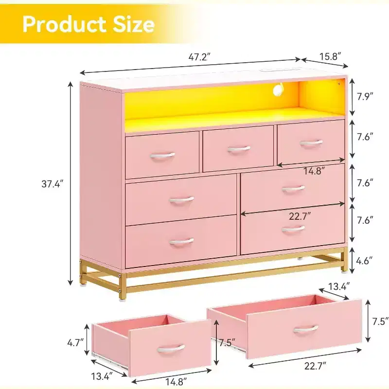 Wooden Modern 7 Drawers Long Dresser with Charging Station and Led Lights Design, Wide Dresser for Living Room, Hallway