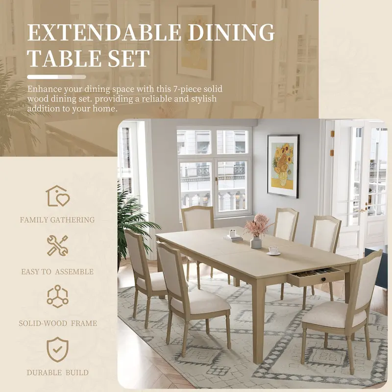 7 Pcs Dining Table Set, Solid Wood Table and Chairs Set with Extendable Dining Table, 2 Drawers and 6 Upholstered Chairs