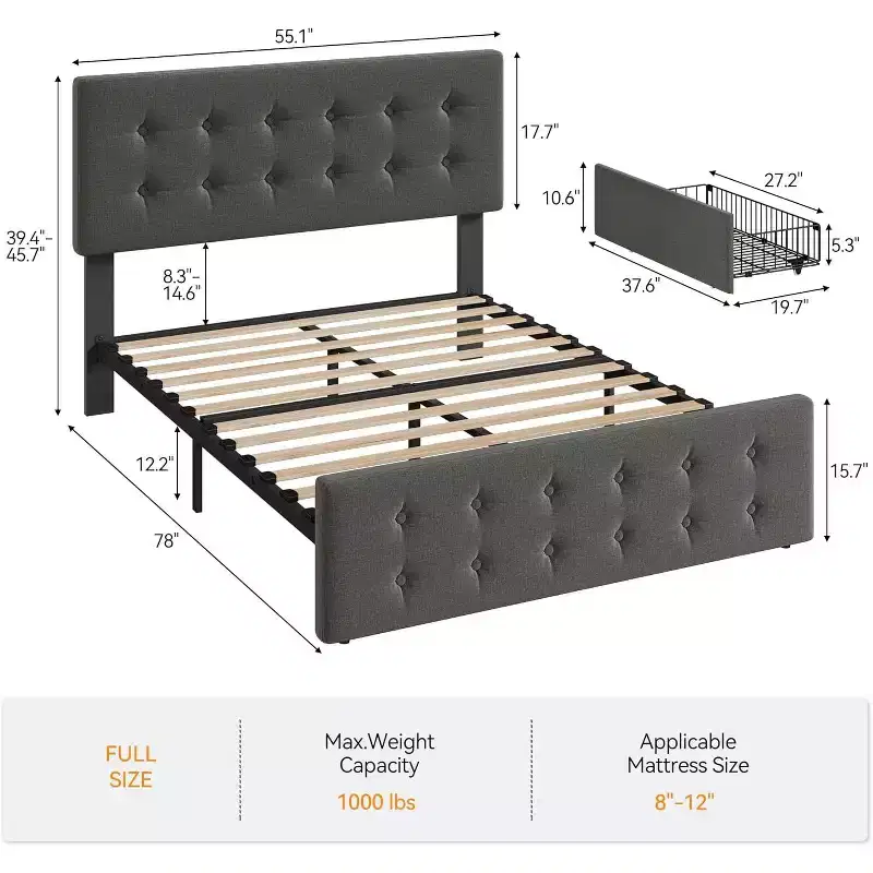 Full Size Platform Bed Frame with an Elegant and Stylish Headboard, 4 Storage Drawers, No Spring Mattress Required, Heavy-Duty Support