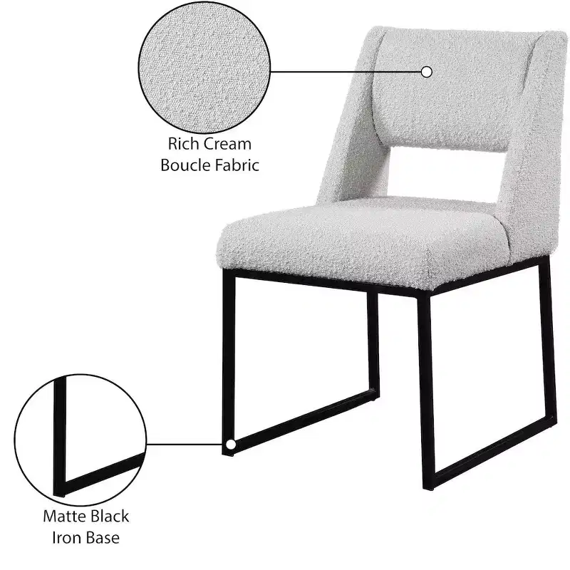 Cream Boucle Dining Chair, Black Iron Frame, Set of 2
