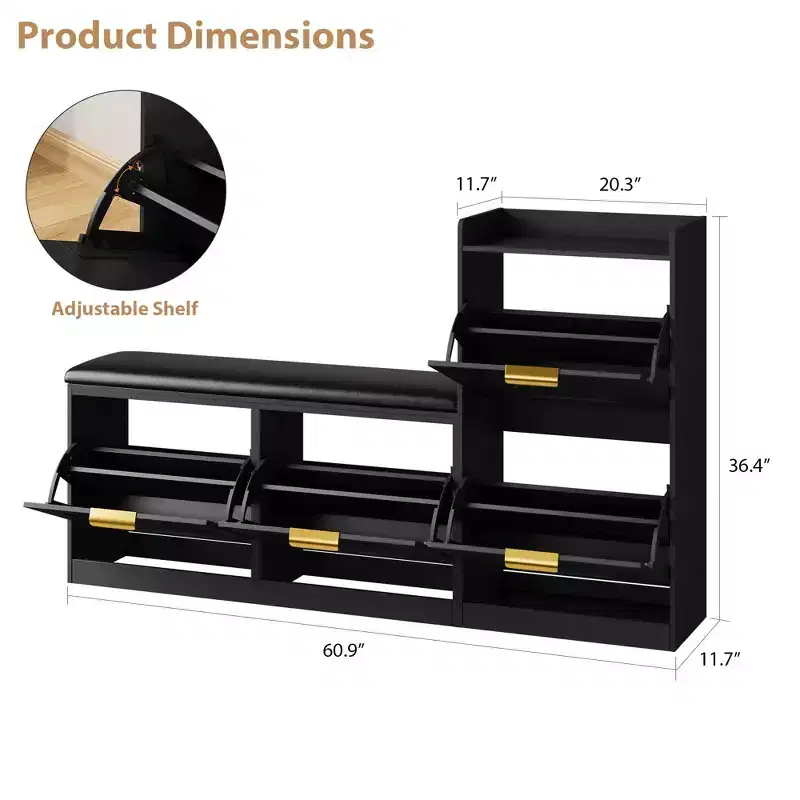 Farmhouse Shoe Cabinet with Bench, 4 Flip Drawers Entryway Shoe Storage Organizer with Comfort Cushioned Seat, Freestanding Shoe Rack Bench