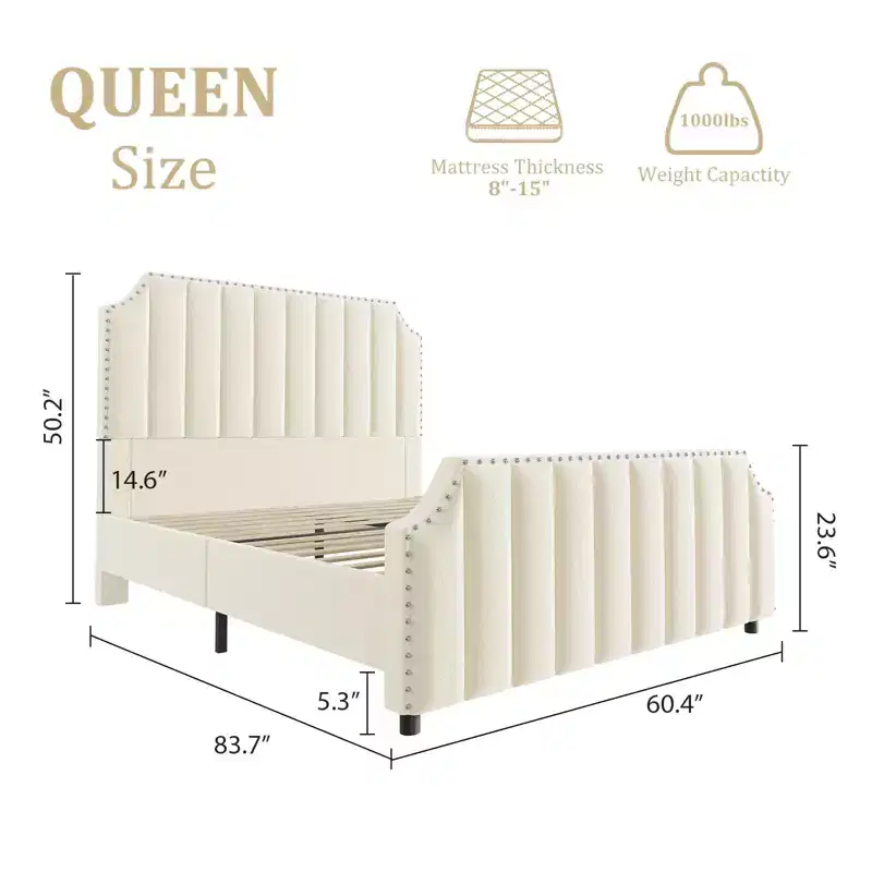 Queen Size Upholstered Bed Frame, Vertical Lines Platform Bed with Velvet Headboard and Footboard, Metal Mattress Foundation