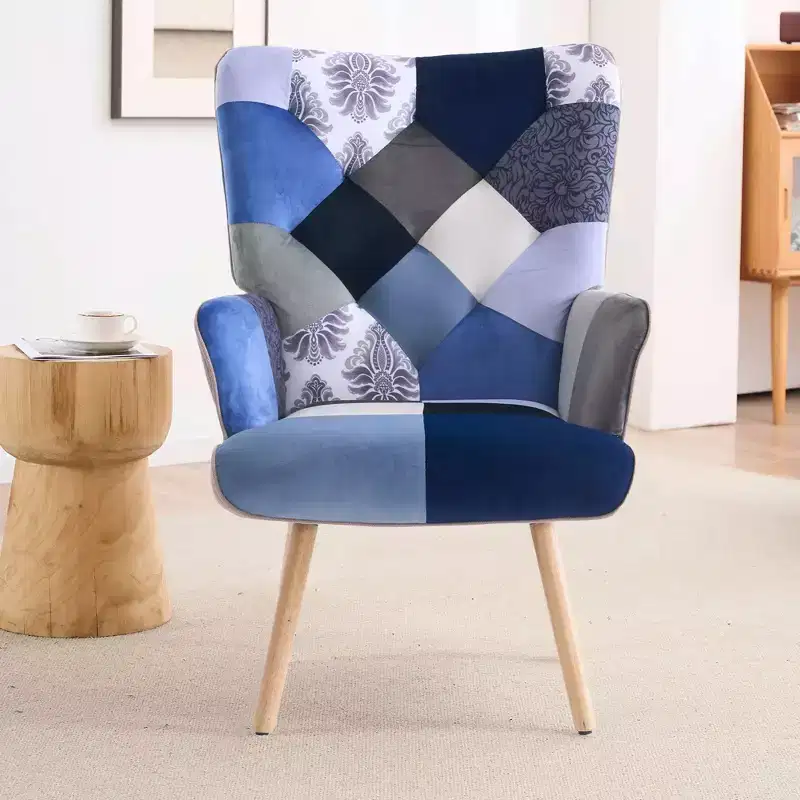 Patchwork Upholstered Wingback Accent Chair with Rubberwood Legs – 35