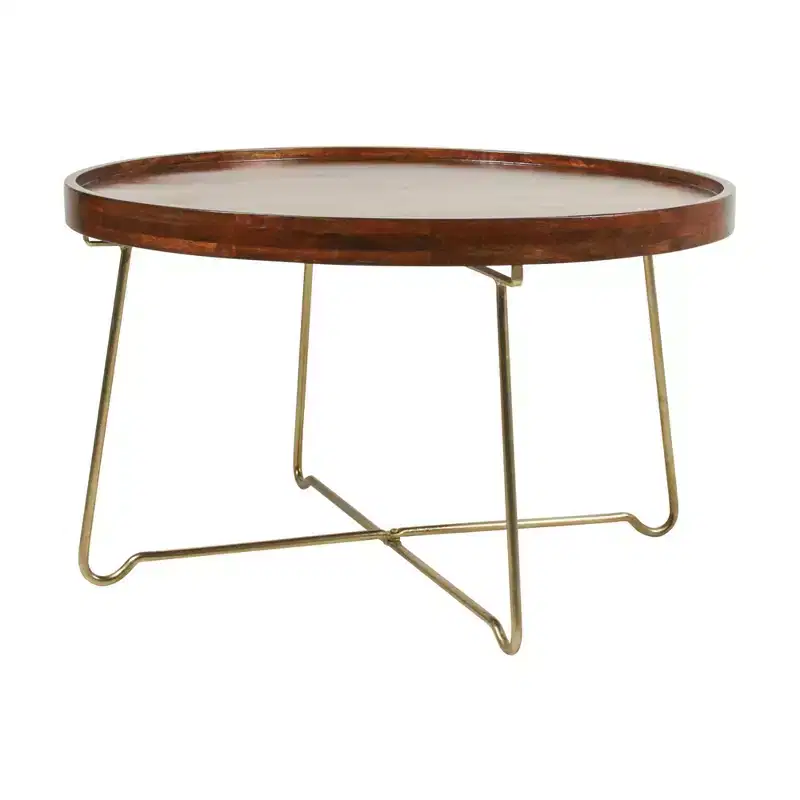 32.38" Round Coffee Table Natural/Gold: Mango Wood Top, Criss Cross Brass Base, No Assembly Required