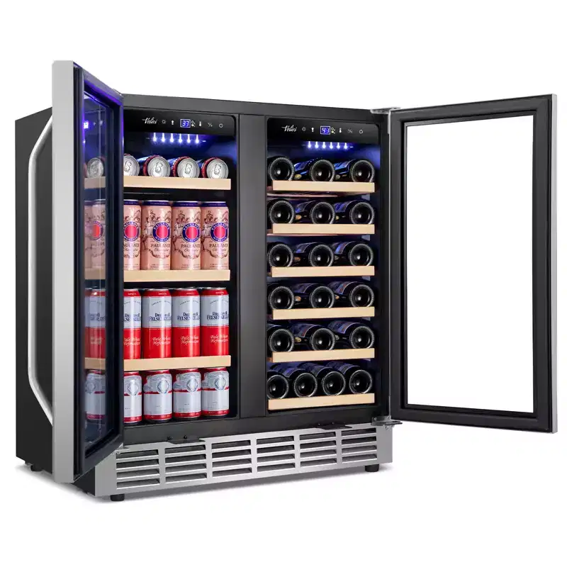 Hooure 30 in.Dual Zone 33-Wine Bottles and 80-Can Built-In and Freestanding with French Door Beverage Cooler in Stainless Steel