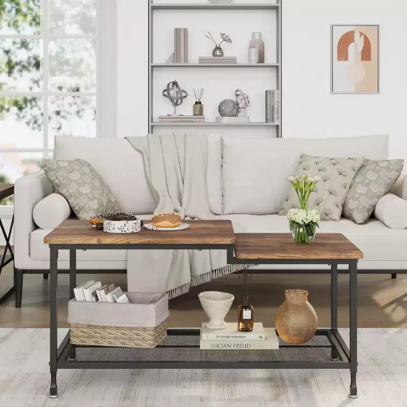 Coffee table,industrial living room table,2-story rustic middle table with mesh frame,rectangular coffee table,metal frame, easy to install