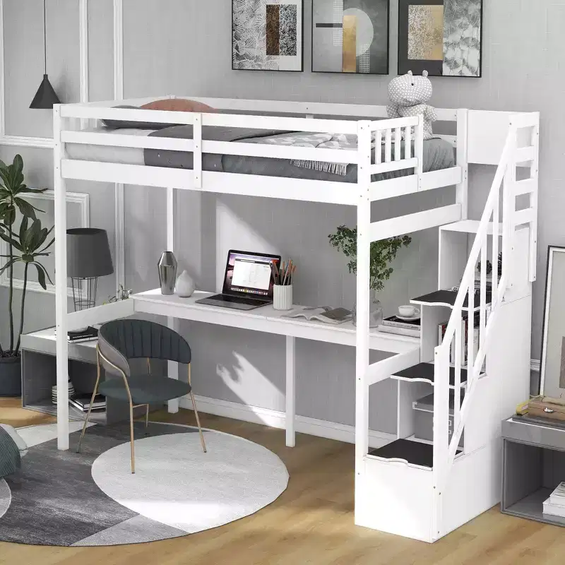 Okak Twin Multifunction Bunk Bed with Built-in Desk Loft Bed with Storage Staircase Safety Guardrail Solid Wood for Kids Teens, Easy Assemble