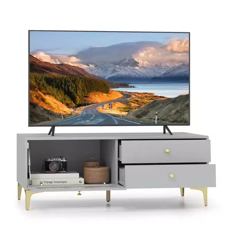 Costway Modern TV Stand for 55 TVs with Drop Down Door Cabinet 2 Storage Drawers Gray