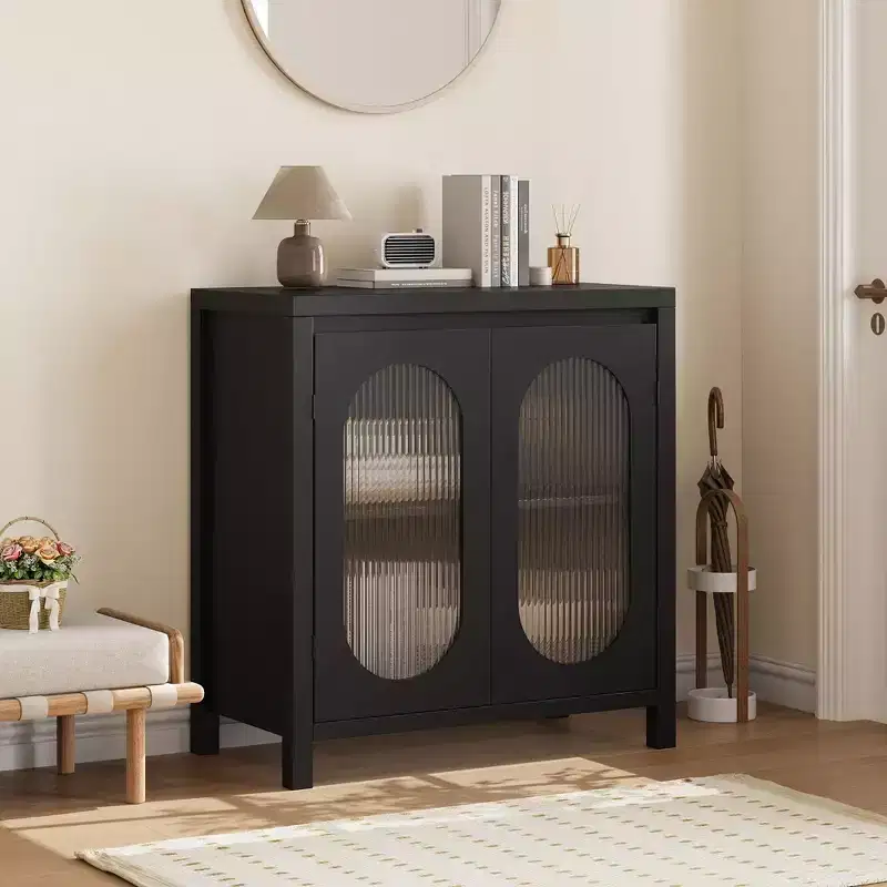 Coolmee Sideboard Cabinet for Living Room & Dining Room - Black Accent Storage with Adjustable Shelves & Glass Doors, Small Console Cabinet