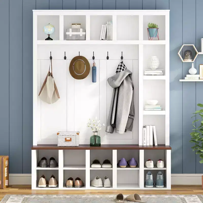 Farmhouse Hall Tree with 6 Hooks, Storage Rack with Storage Bench and Adjustable Shelves, 4-In-1 Coat Rack for Living Room, White+Walnut