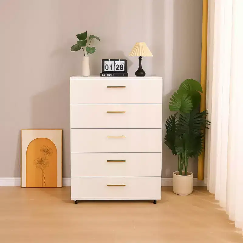 30-Inch Modern 5-Drawer Storage Cabinet with Casters, White, 160 lbs Capacity
