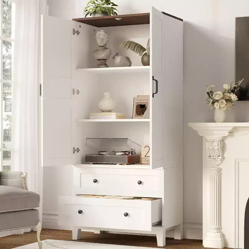 White Tall Storage Cabinet – 2 Doors, 2 Drawers, Adjustable Shelves
